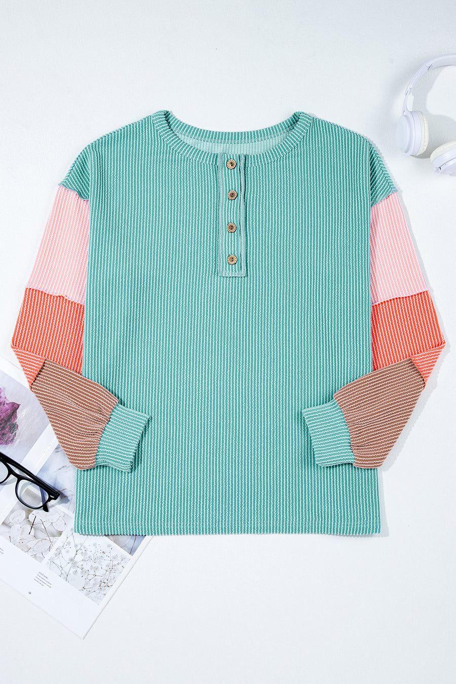Twisted Ribbed Color Block Patchwork Long Sleeve Henley Shirt