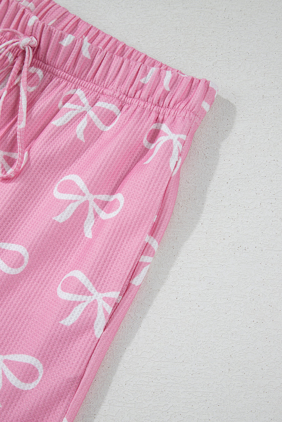 Pink Waffle Knit Bow Print Notched T-Shirt And Shorts Set