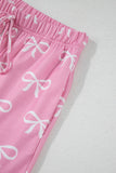 Pink Waffle Knit Bow Print Notched T-Shirt And Shorts Set