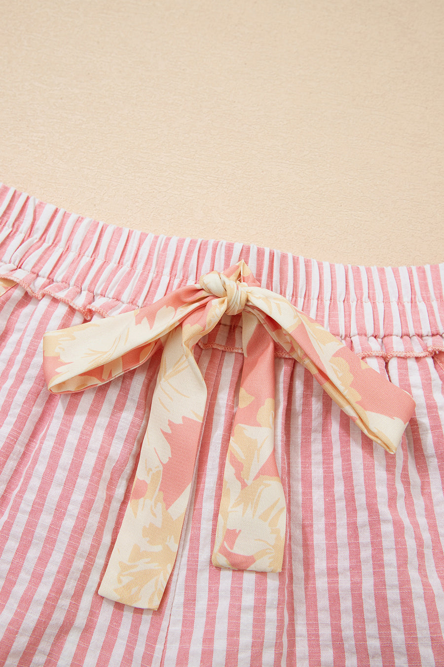 Light Pink Floral Trim Ribbon Drawstring Striped Casual Shorts