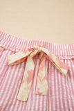 Light Pink Floral Trim Ribbon Drawstring Striped Casual Shorts