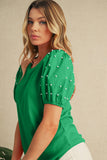 Pearl Beaded Puff Sleeve Ribbed Top- 2 Colors