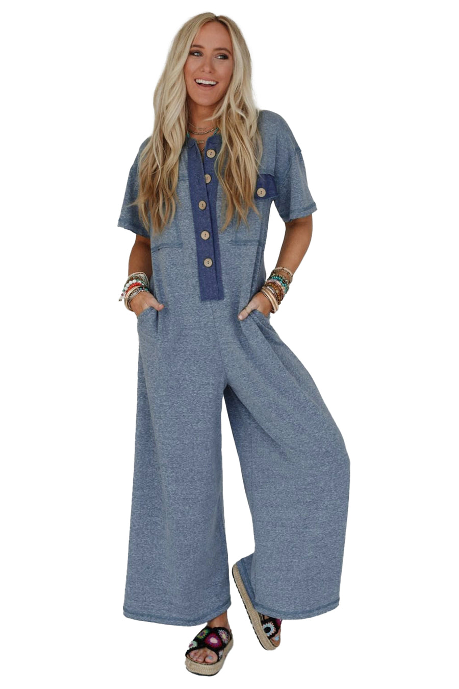 Button-Up Patchwork Pocket Short Sleeve Jumpsuit