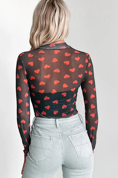Heart Printed Sheer Mesh Long Sleeve Top- 2 Colors