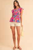 Neon Pink Floral Frill V-Neck Smocked Peplum Blouse