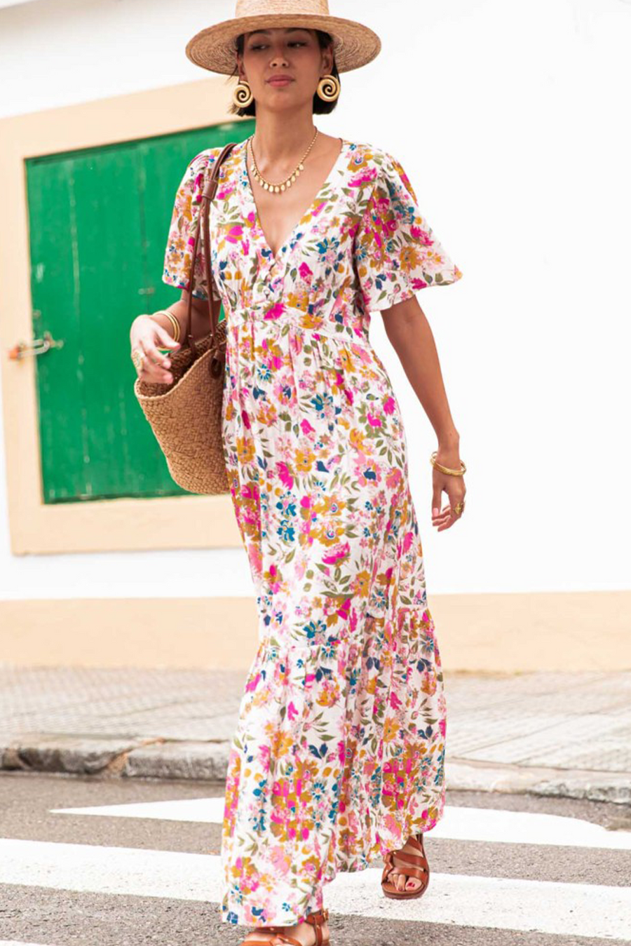 Multicolored Floral Short Sleeve V-Neck High Waist Maxi Dress