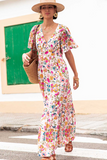 Multicolored Floral Short Sleeve V-Neck High Waist Maxi Dress