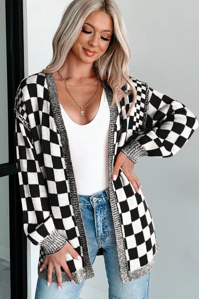 Black Checkered Open Front Drop Shoulder Cardigan