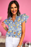 Pink Flutter Sleeve Frill V Neck Floral Top