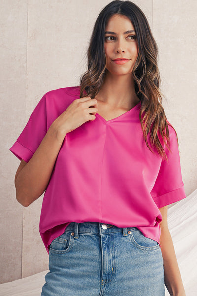 Bright Pink V-Neck Dolman Sleeve Loose Top
