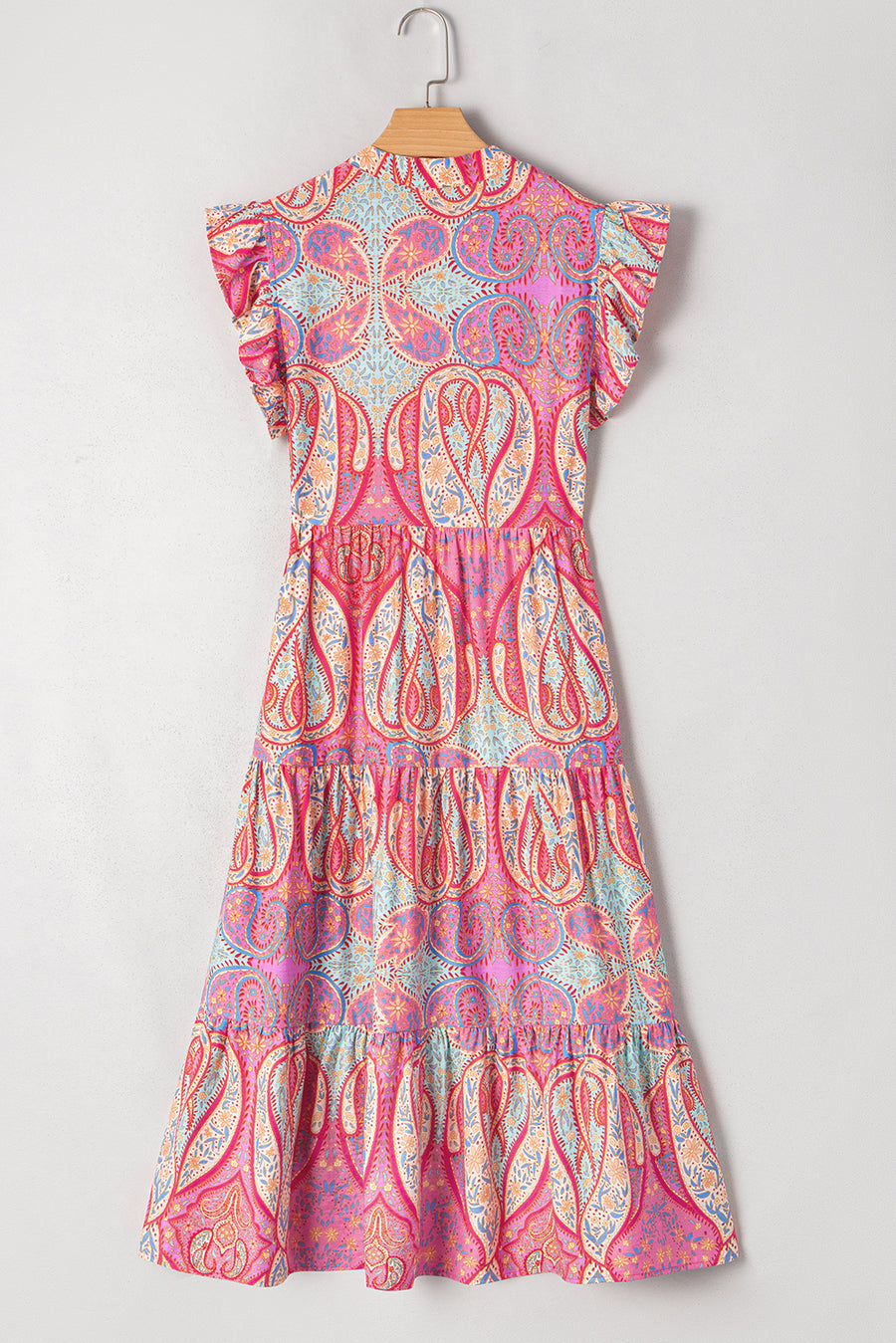 Pink Multi Floral Paisley Ruffle Sleeve Notch Neck Midi Dress