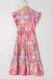 Pink Multi Floral Paisley Ruffle Sleeve Notch Neck Midi Dress