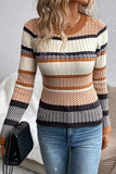 Brown Multi Striped Chevron Pattern Knit Ribbed Trim Slim Fit Sweater