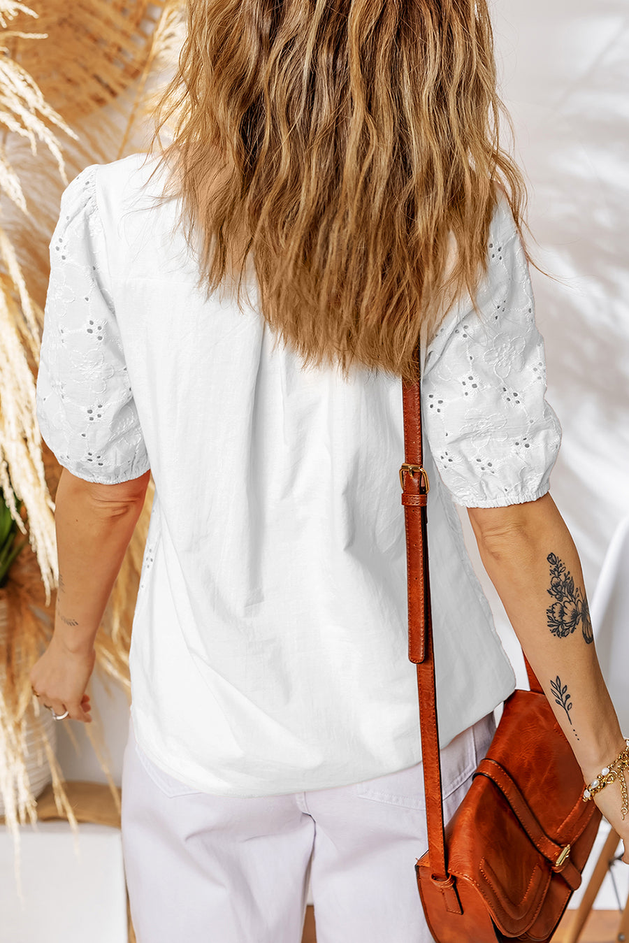 V-Neck Short Sleeve Eyelet Button-Up Blouse- 3 Colors