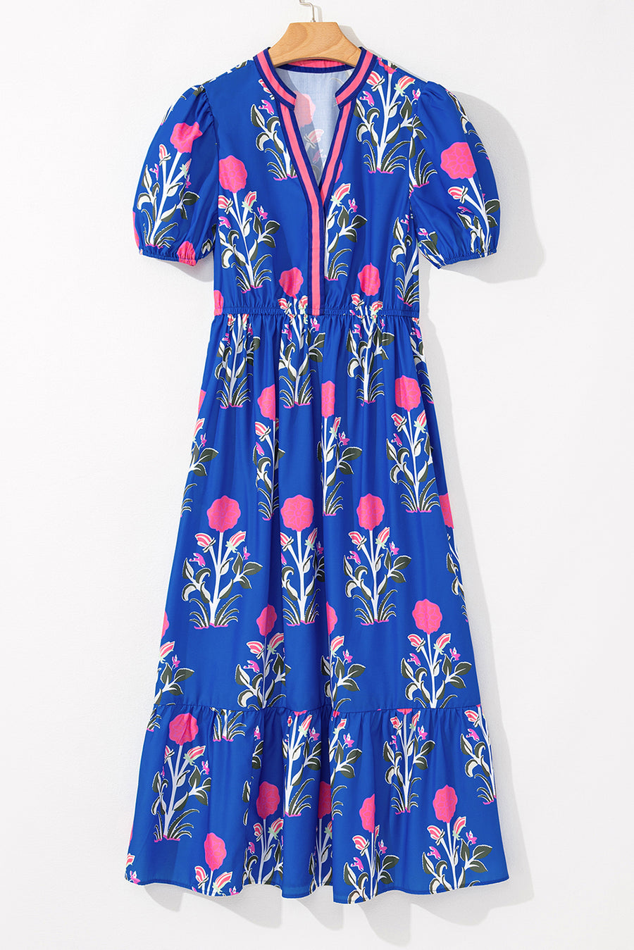 Floral Ruffle Hem Contrast Trim Neckline Midi Dress- 3 Colors