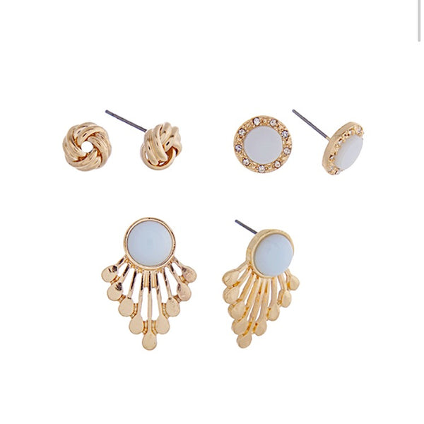 Gold Tone Earring Trio- Light Blue & Ivory