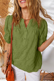 V-Neck Short Sleeve Eyelet Button-Up Blouse- 3 Colors