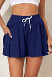 Navy Blue Drawstring Elastic Waist Built-In Brief Swim Shorts