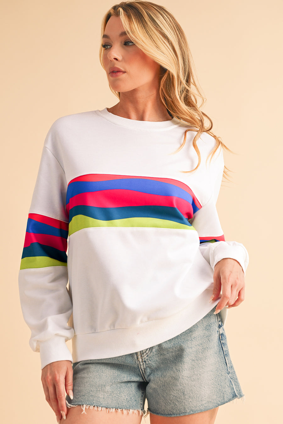 Green Multicolored Wavy Striped Crew Neck Long Sleeve Top- 2 Colors