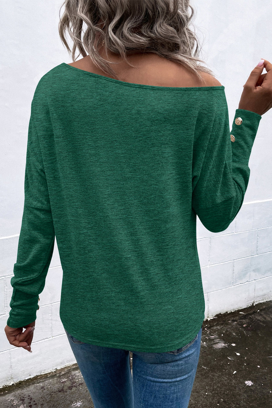 Green Boat Neck Cutout Long Sleeve Blouse with Button Detail Cuffs