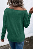 Green Boat Neck Cutout Long Sleeve Blouse with Button Detail Cuffs