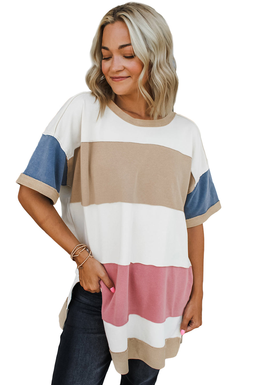 Dusty Color Block Patchwork Side Slit Tunic T-Shirt