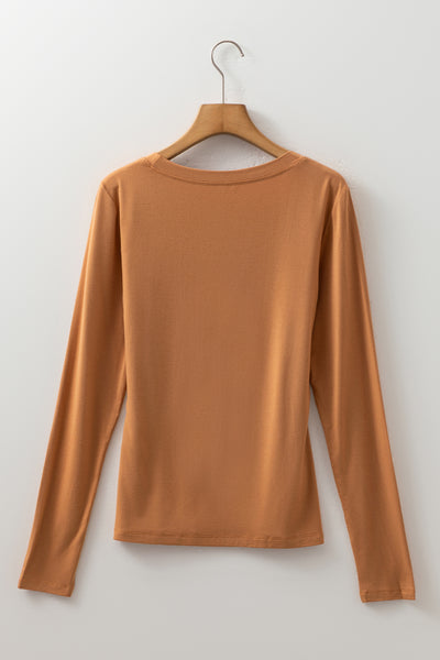 Chestnut Solid Color Long Sleeve Slim Fit Top