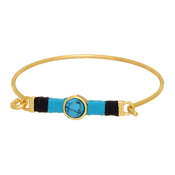 Gold Tone Bar & Stone Bangle Bracelet- Black & Turquoise