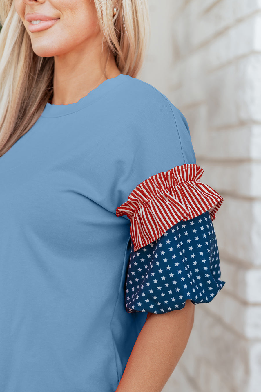 Stars and Stripes Contrast Puff Sleeve Top- 2 Colors