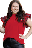 Plus Size Racing Red Plaid Pearl Ruffled Sleeve Knit Holiday Top