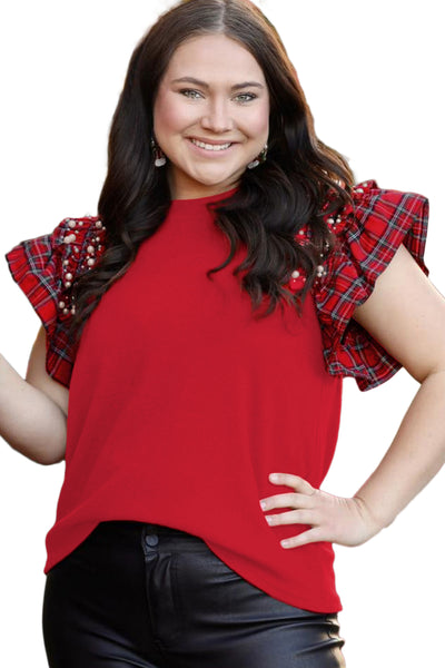 Plus Size Racing Red Plaid Pearl Ruffled Sleeve Knit Holiday Top