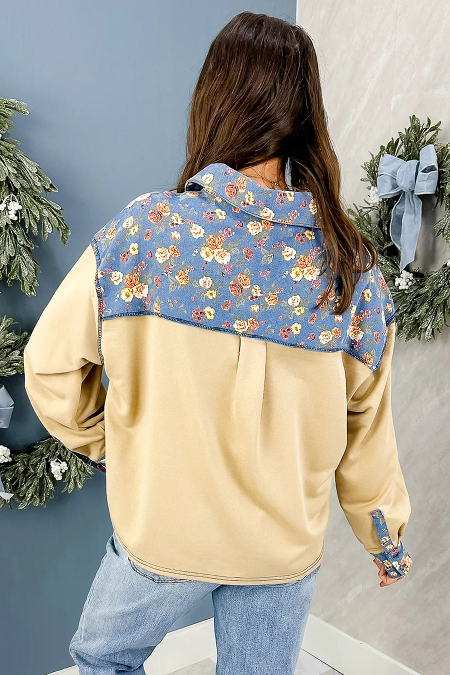 Apricot Floral Patchwork Detail Collar V Neck Long Sleeve Top