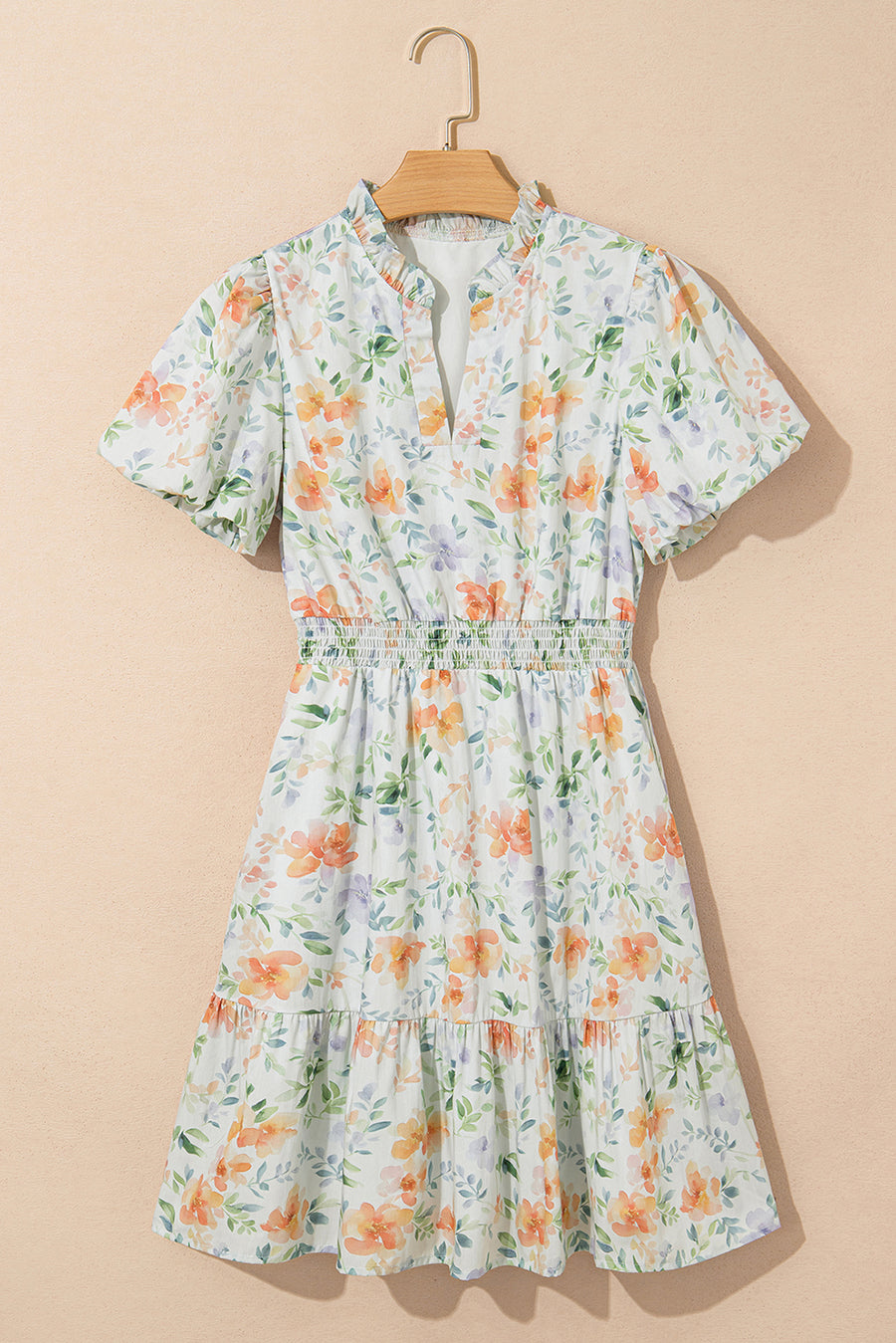 Orange Floral Print Smocked High Waist Puff Sleeve Mini Dress