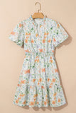 Orange Floral Print Smocked High Waist Puff Sleeve Mini Dress