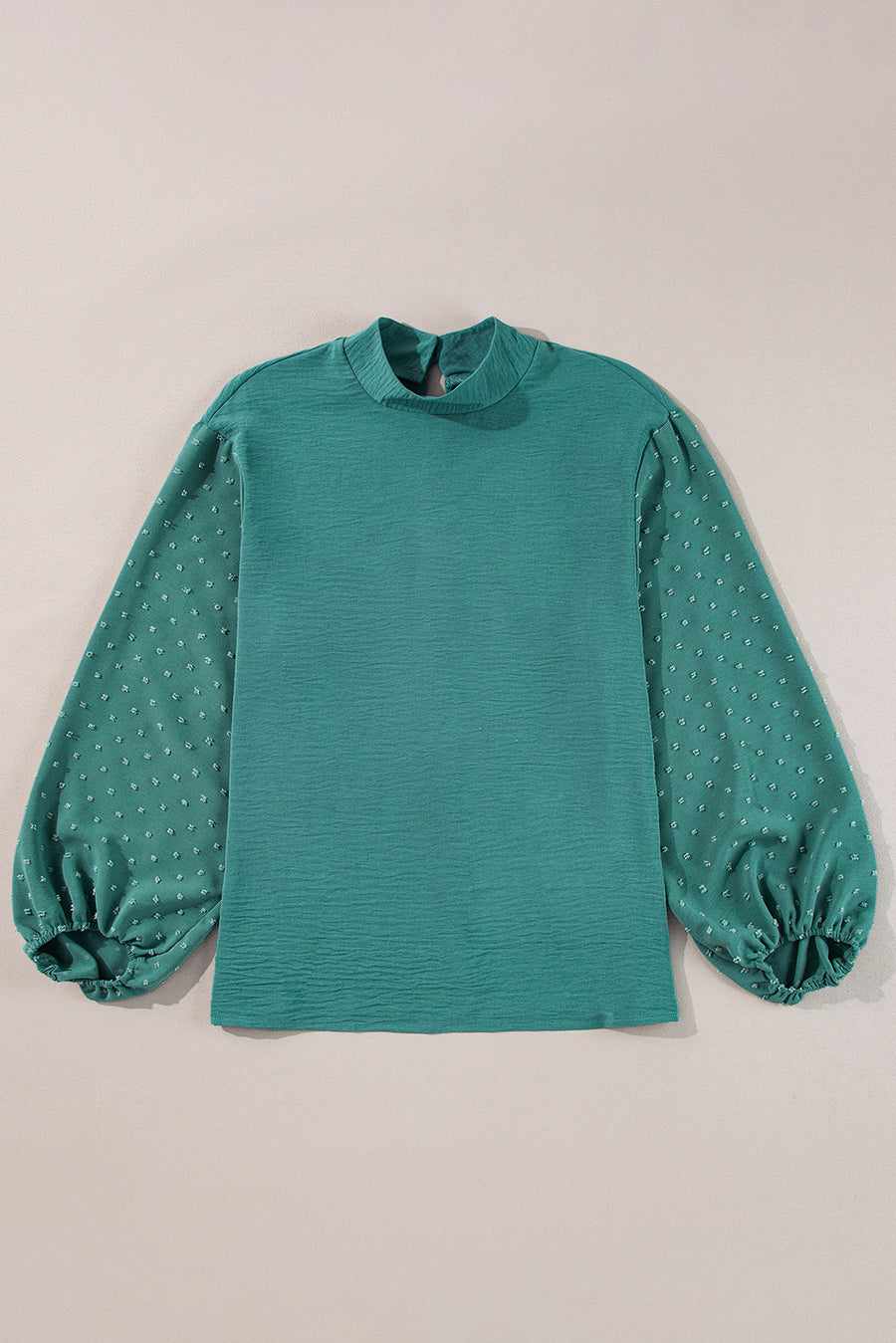 Spearmint Swiss Dot Mock Neck Balloon Sleeve Blouse
