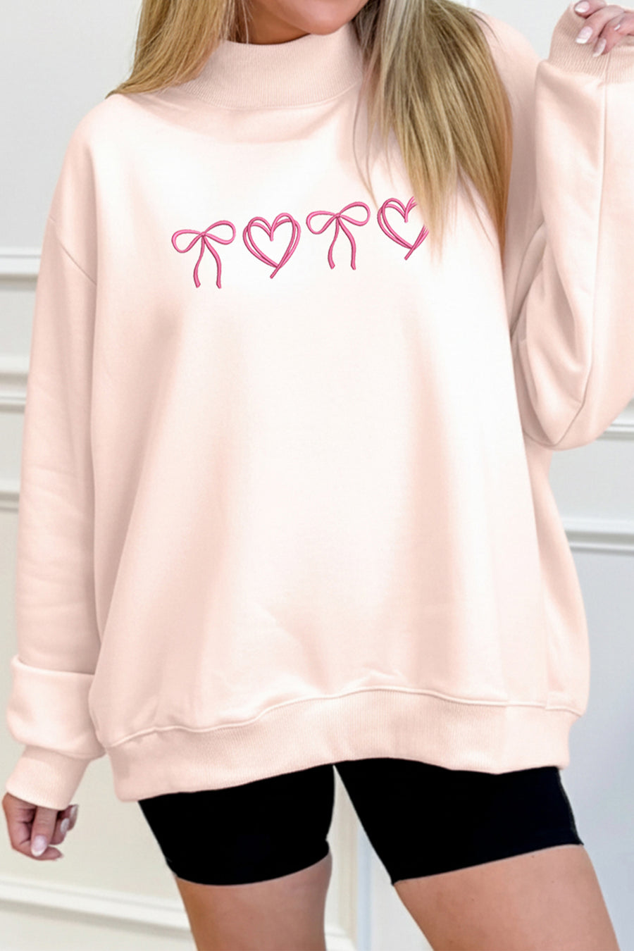 Apricot Pink Bow Heart Embroidered Mock Neck Sweatshirt