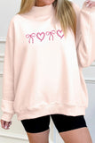 Apricot Pink Bow Heart Embroidered Mock Neck Sweatshirt