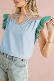 Sky Blue Color Block Ruffled Sleeve Frill V-Neck Short Sleeve Blouse