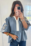 Myosotis Color Block Patchwork V Neck Embroidered Puff Sleeve Babydoll Blouse