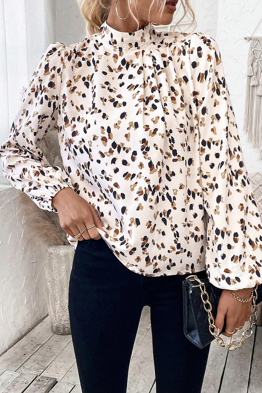 Leopard Print Mock Neck Long Sleeve Pleated Blouse- 2 Colors