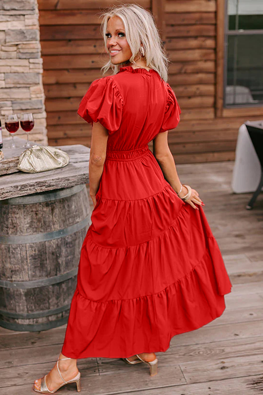 V-Neck Puff Sleeve High-Waist Tiered Maxi Dress- 3 Colors