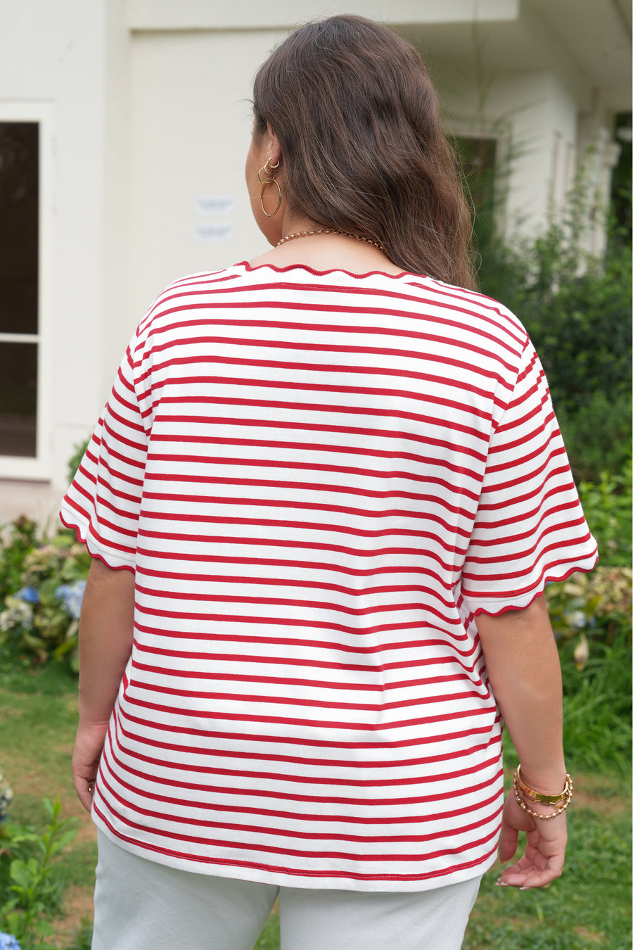 Plus Size Red Striped Scalloped Trim Crew Neck Short Sleeve T-Shirt