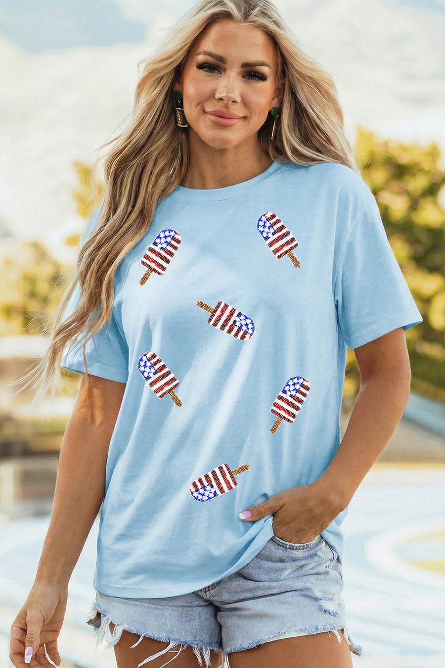 Light Blue American Flag Sequin Popsicle T-Shirt