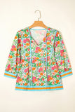 Green Floral Striped Trim Lantern Sleeve Tie Neck Blouse