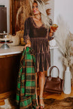 Chicory Coffee Velvet V-Neck Long Sleeve Tiered Mini Dress