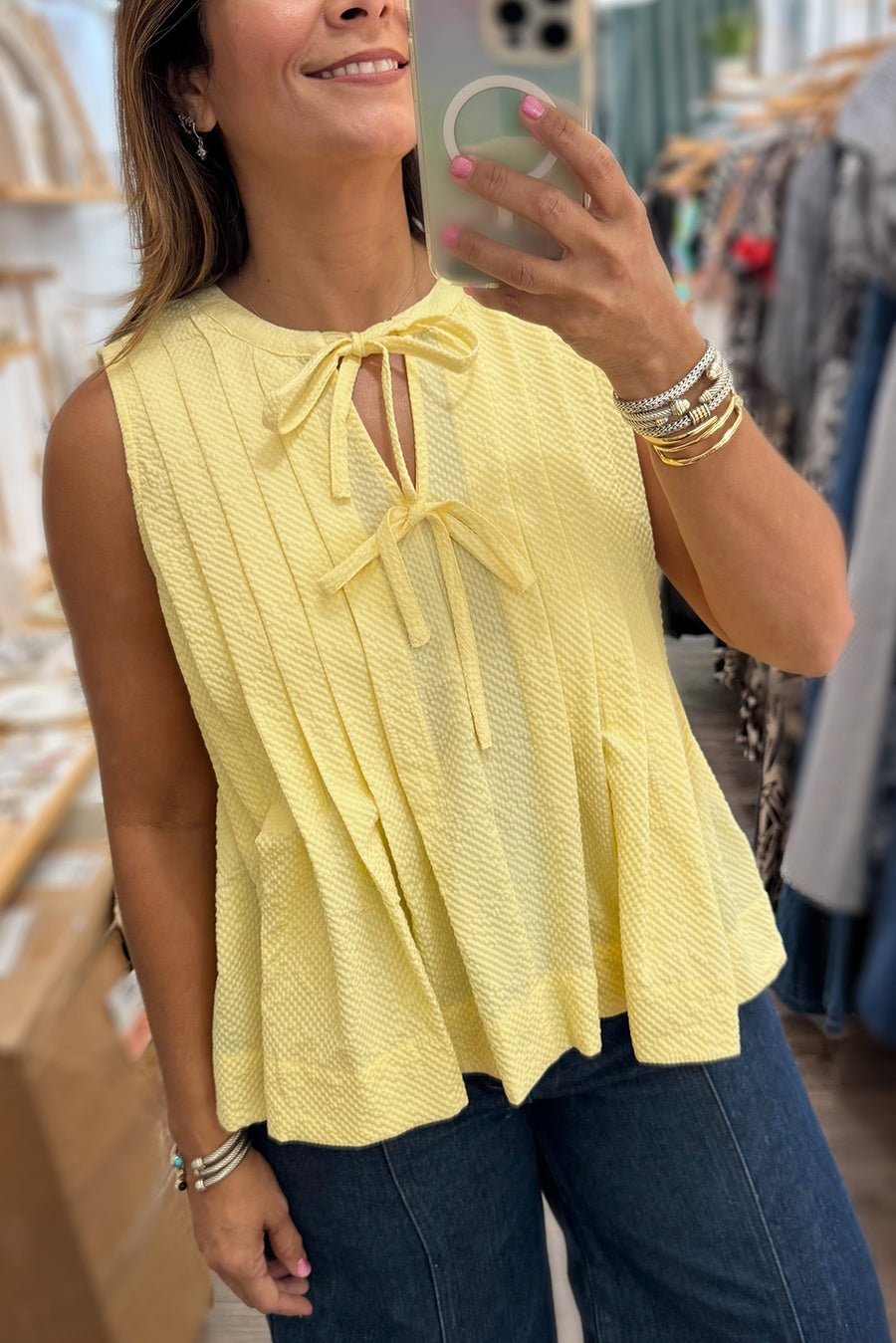 Butter Yellow Waffle Textured Tie Front Notched Neck Pleated Sleeveless Blouse