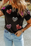 Black Sequin Hearts Pattern Crew Neck Graphic T-Shirt