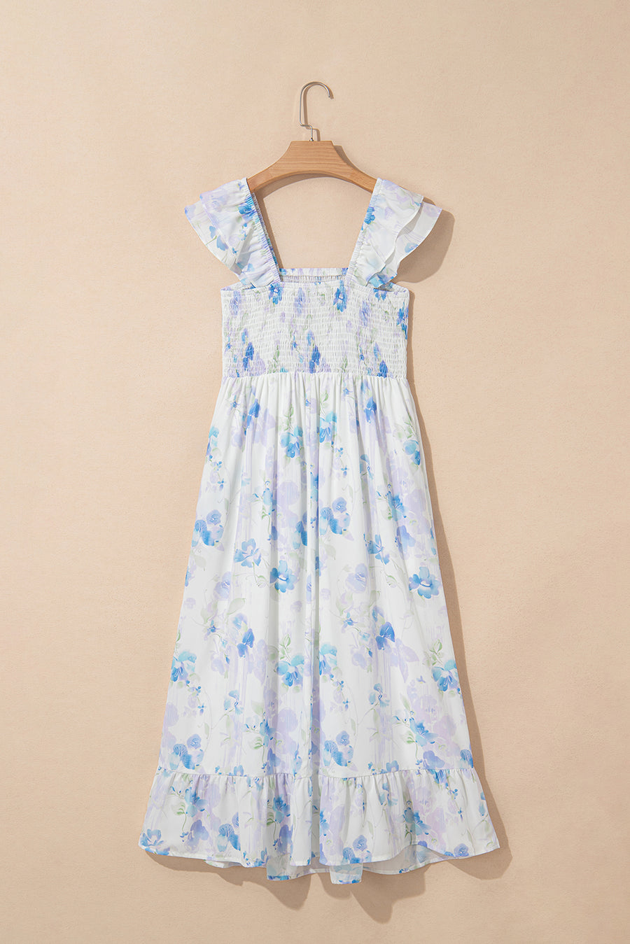 Blue Floral Smocked High Waist Ruffle Sleeveless Midi Dress