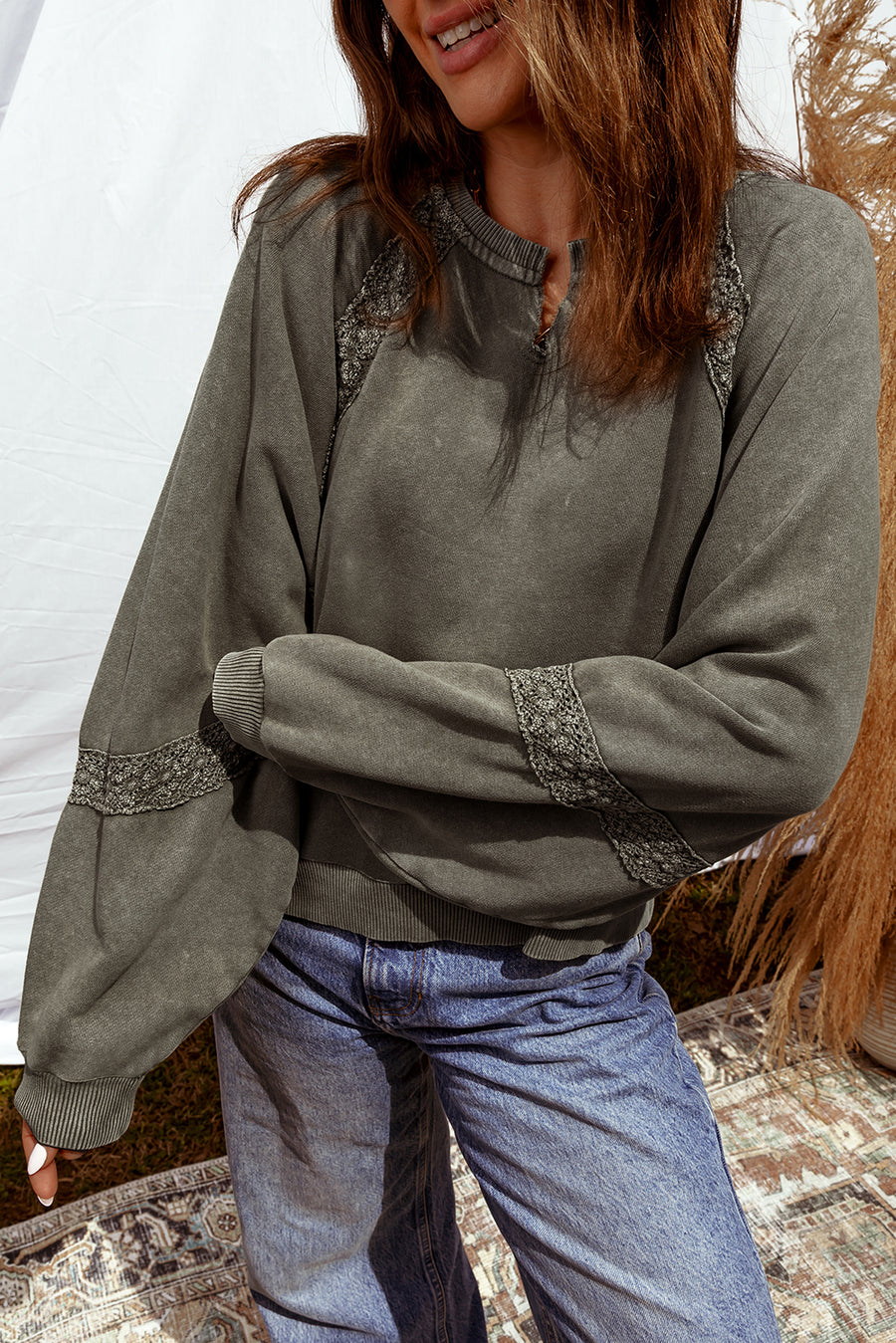 Lace Applique Notched Neck Mineral Wash Baggy Sweatshirt- 4 Colors