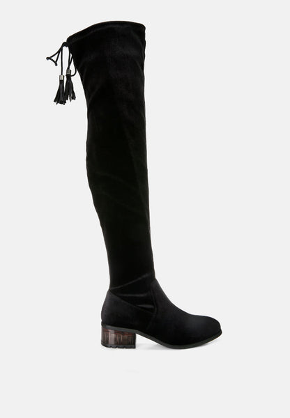 Rumple Velvet Over the Knee Clear Heel Boots- 4 Colors